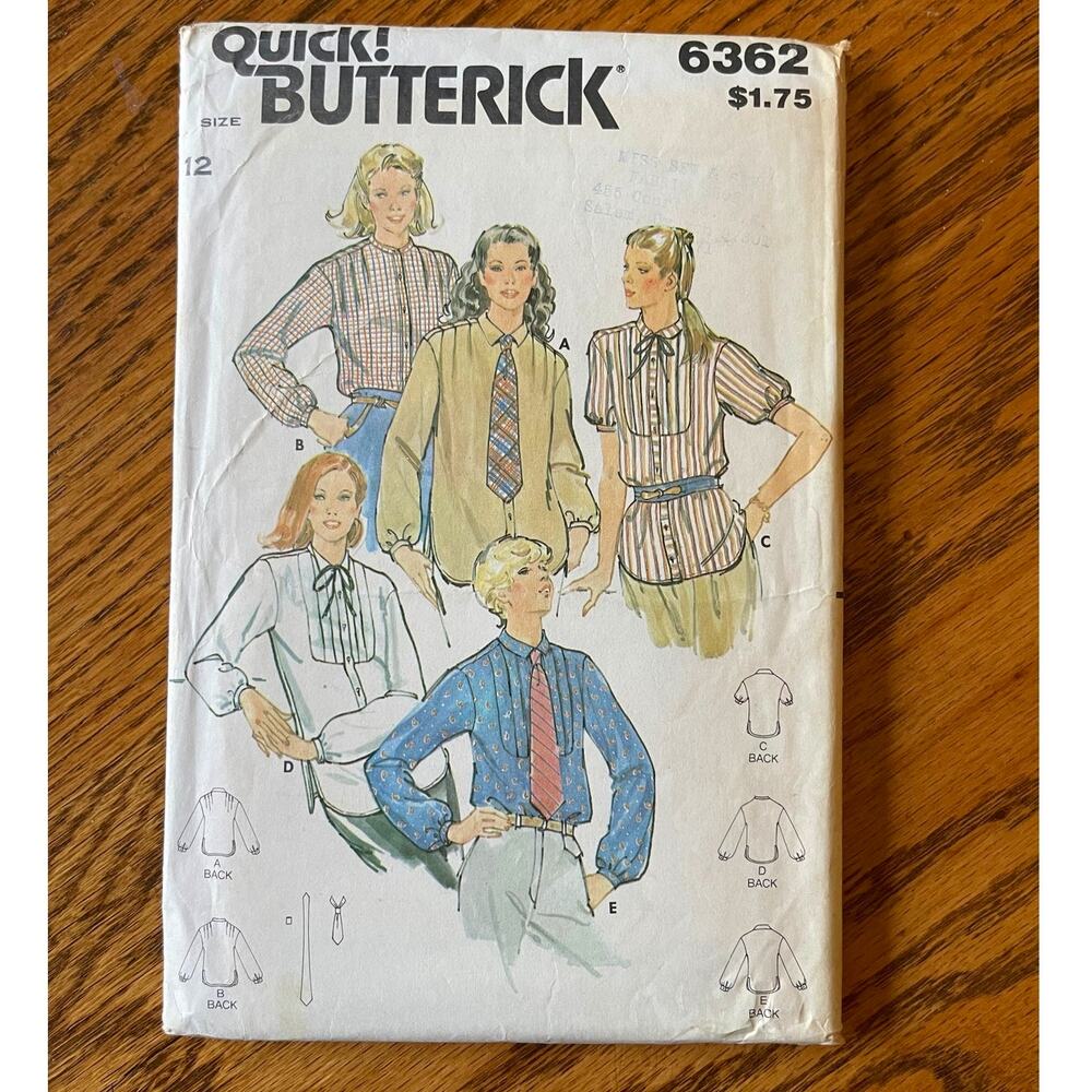 Vintage 1980s Butterick 6362 Sewing Pattern Sz Sm 12 Button Up Top Set COMPLETE